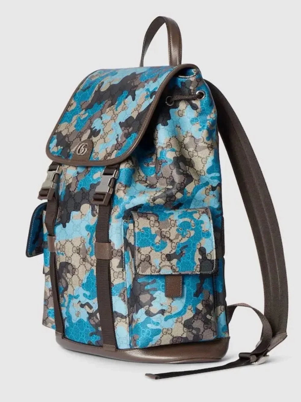 New Authentic Gucci GG Supreme Logo Blue Camo Backpack Tan Size Large